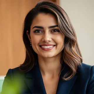 Portrait of Sofia, CCL’s automated intake guide: a smiling woman with shoulder-length brown hair in a navy blazer